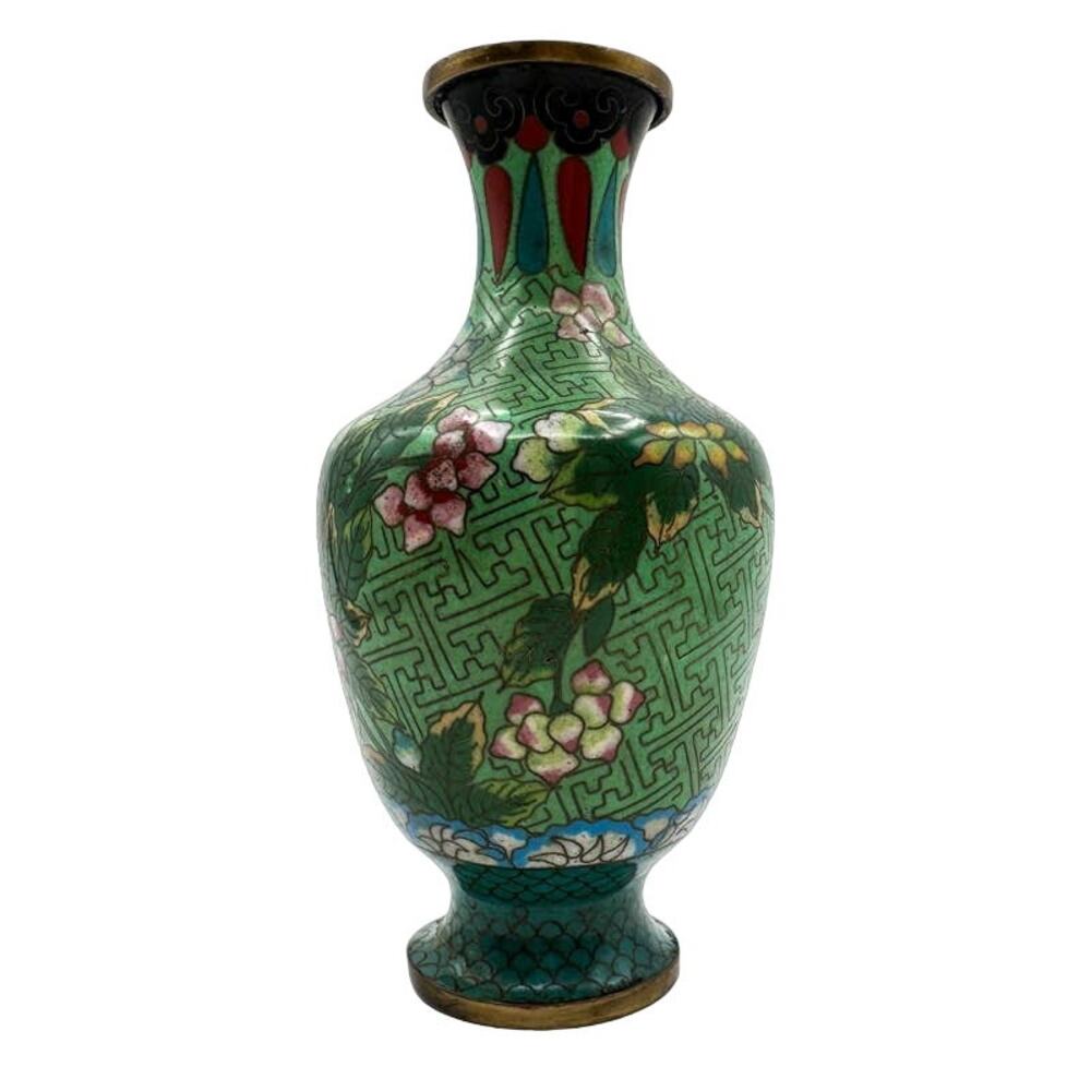 Antique Green Chinese Cloisonne Vase Art Deco Style Brass Bottom China Export